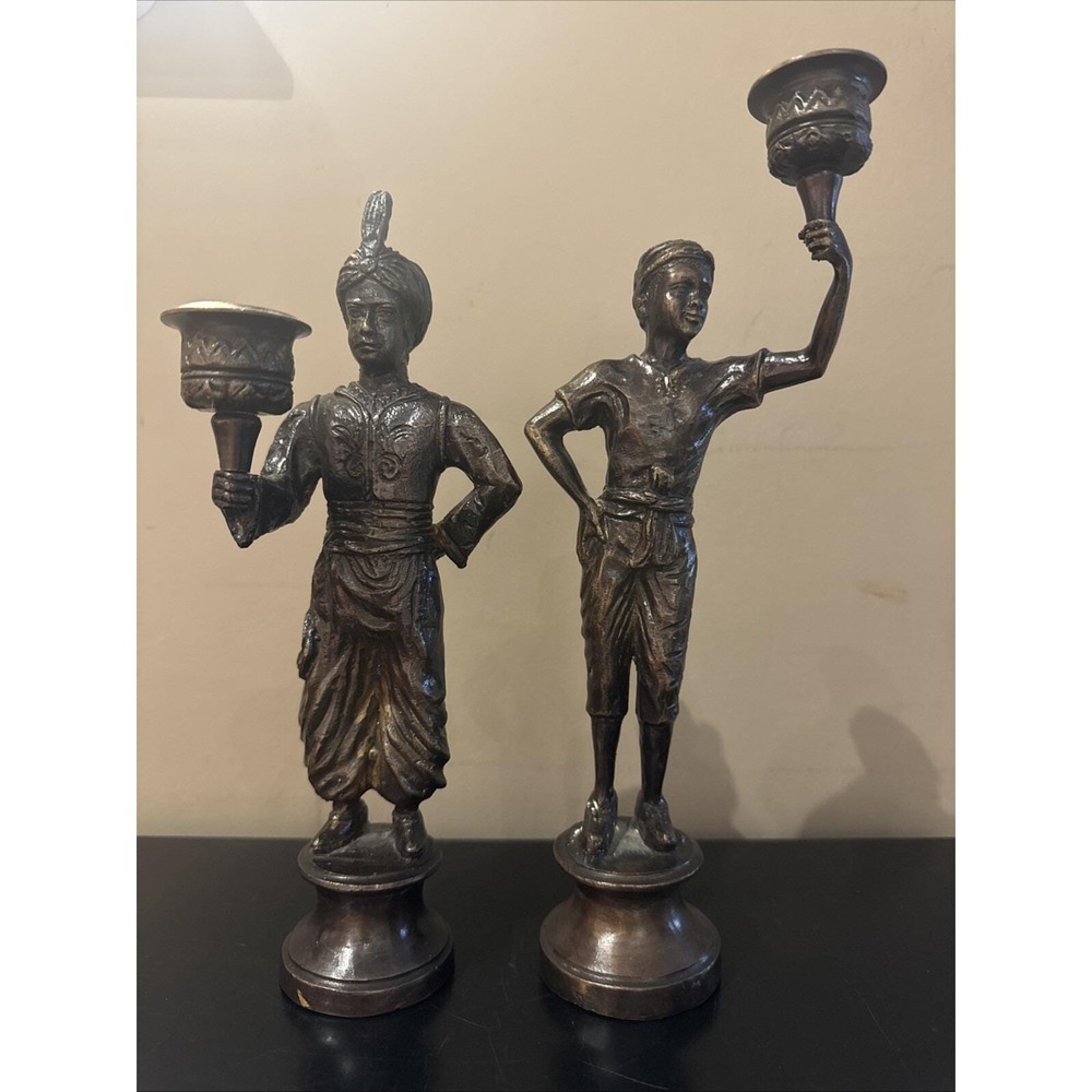 Pair 9.5" Bronze Nubian Servants Candleholders